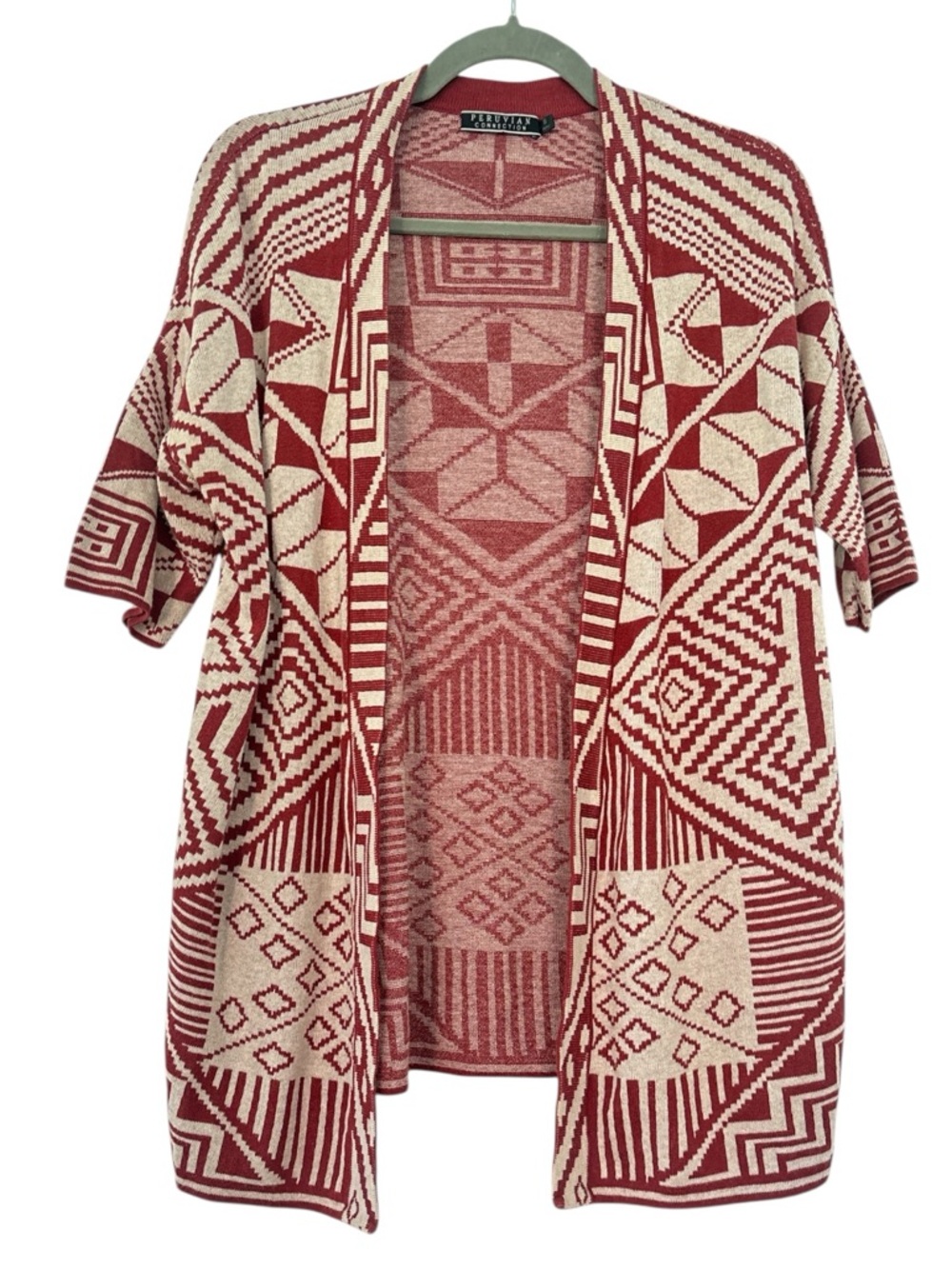 Peruvian Connection Geometric Aztec Tribal Tight Knit Open Cardigan Burgundy S
